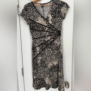 Connected Apparel Black and Cream Floral Midi Dress